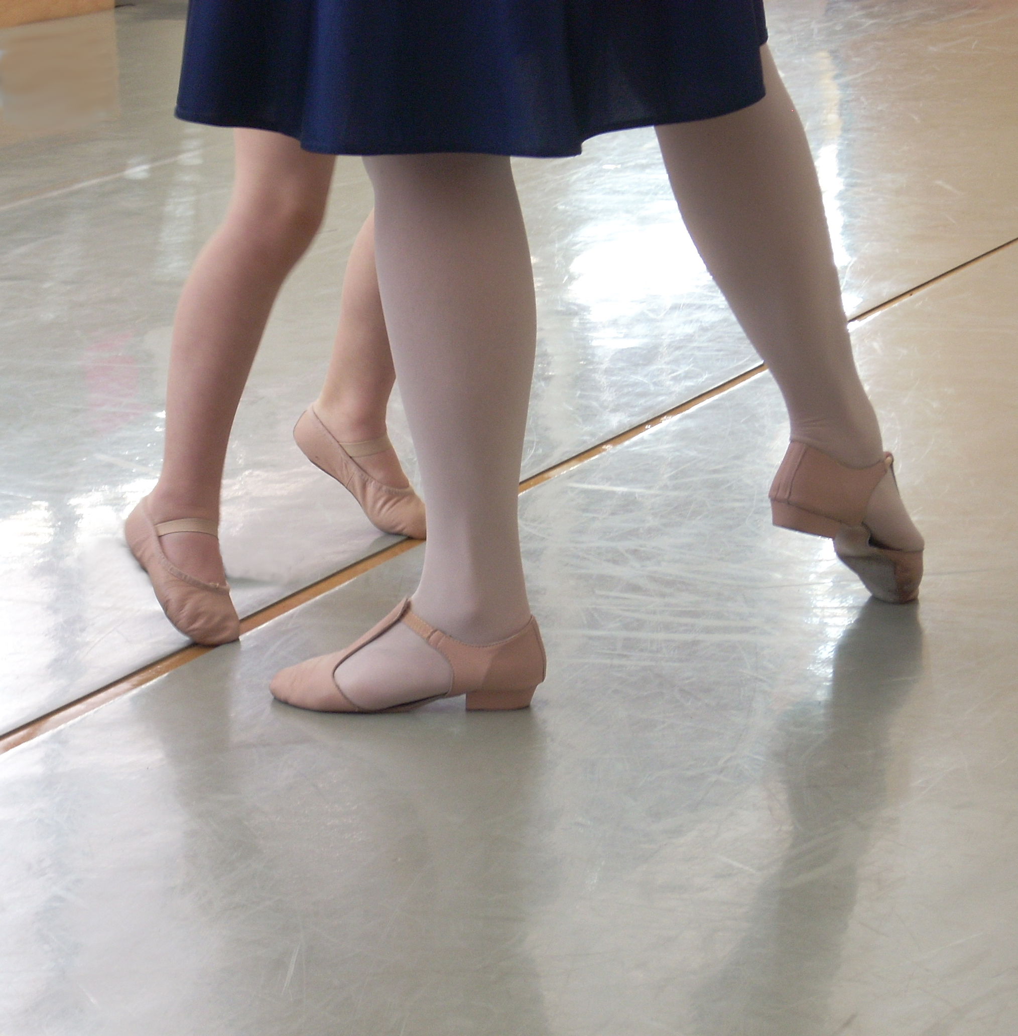Photo of the feet of an adult showing a young child ballet steps