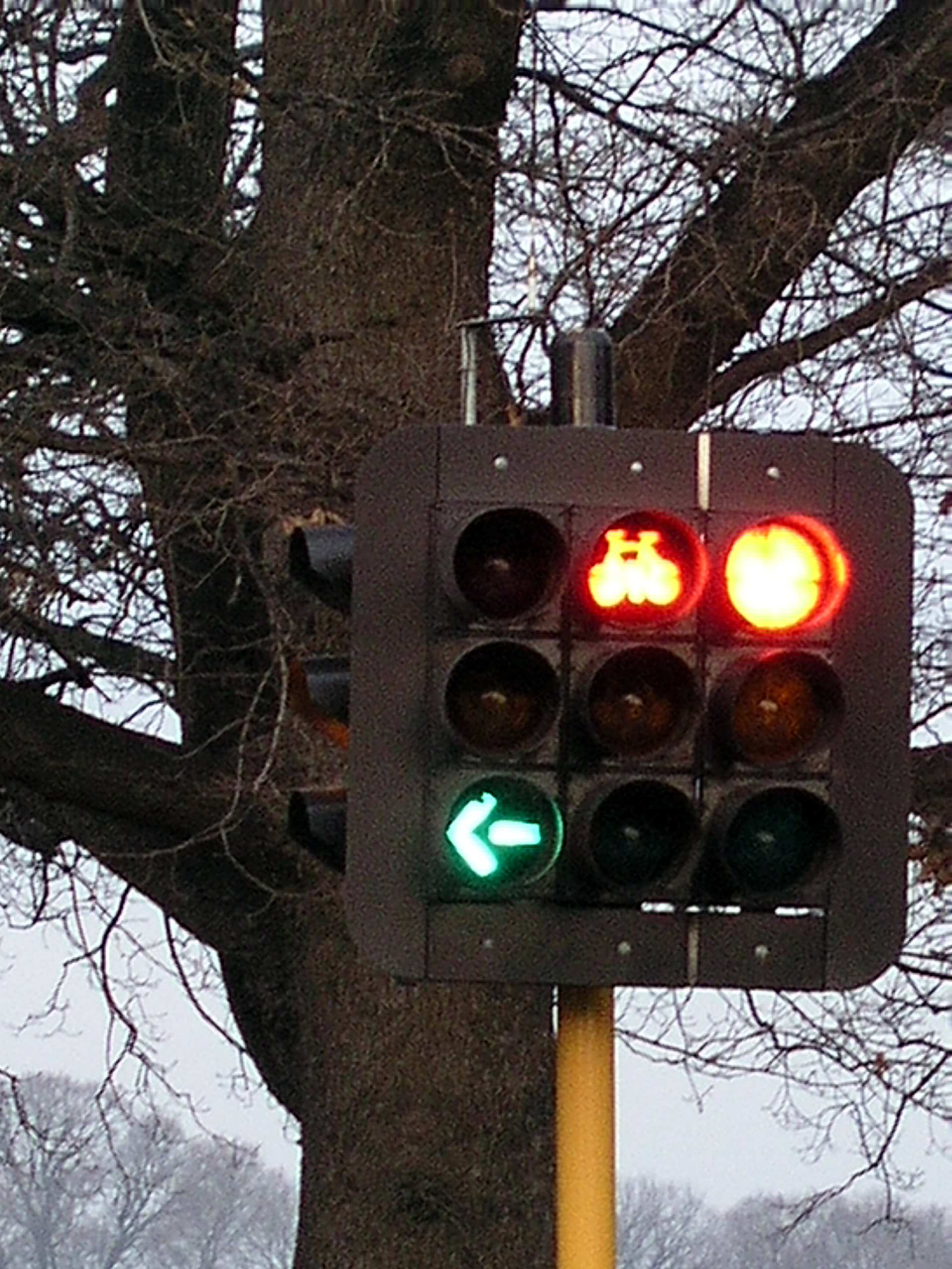 Three traffic lights with the left turn green and the two others red.