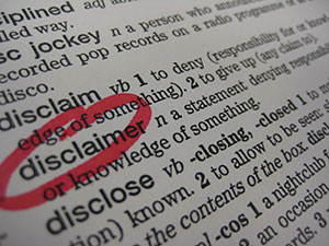 Photo of a dictionary with the term "disclaimer" highlighted.