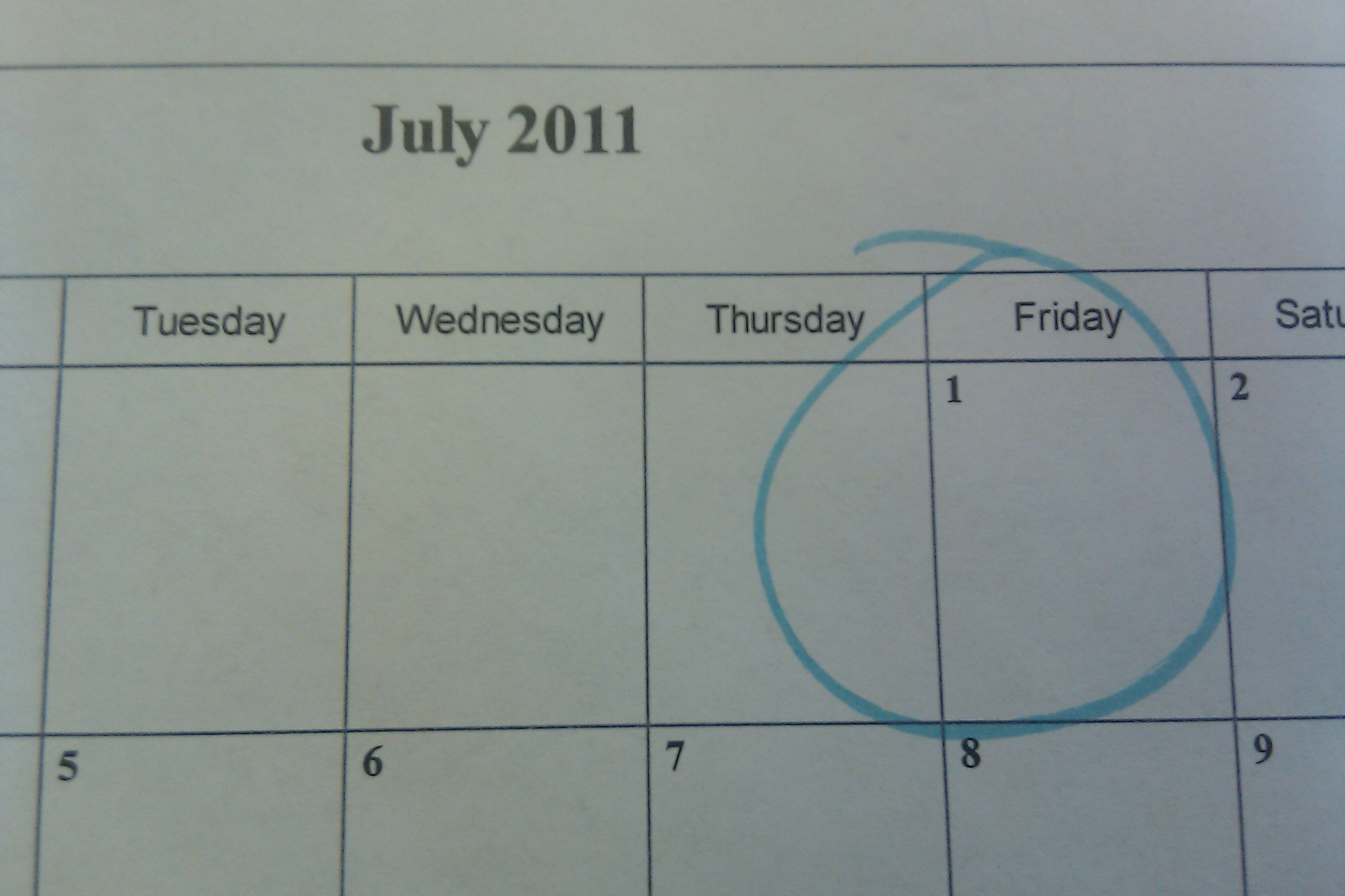 Calendar with July 1, 2011 circled