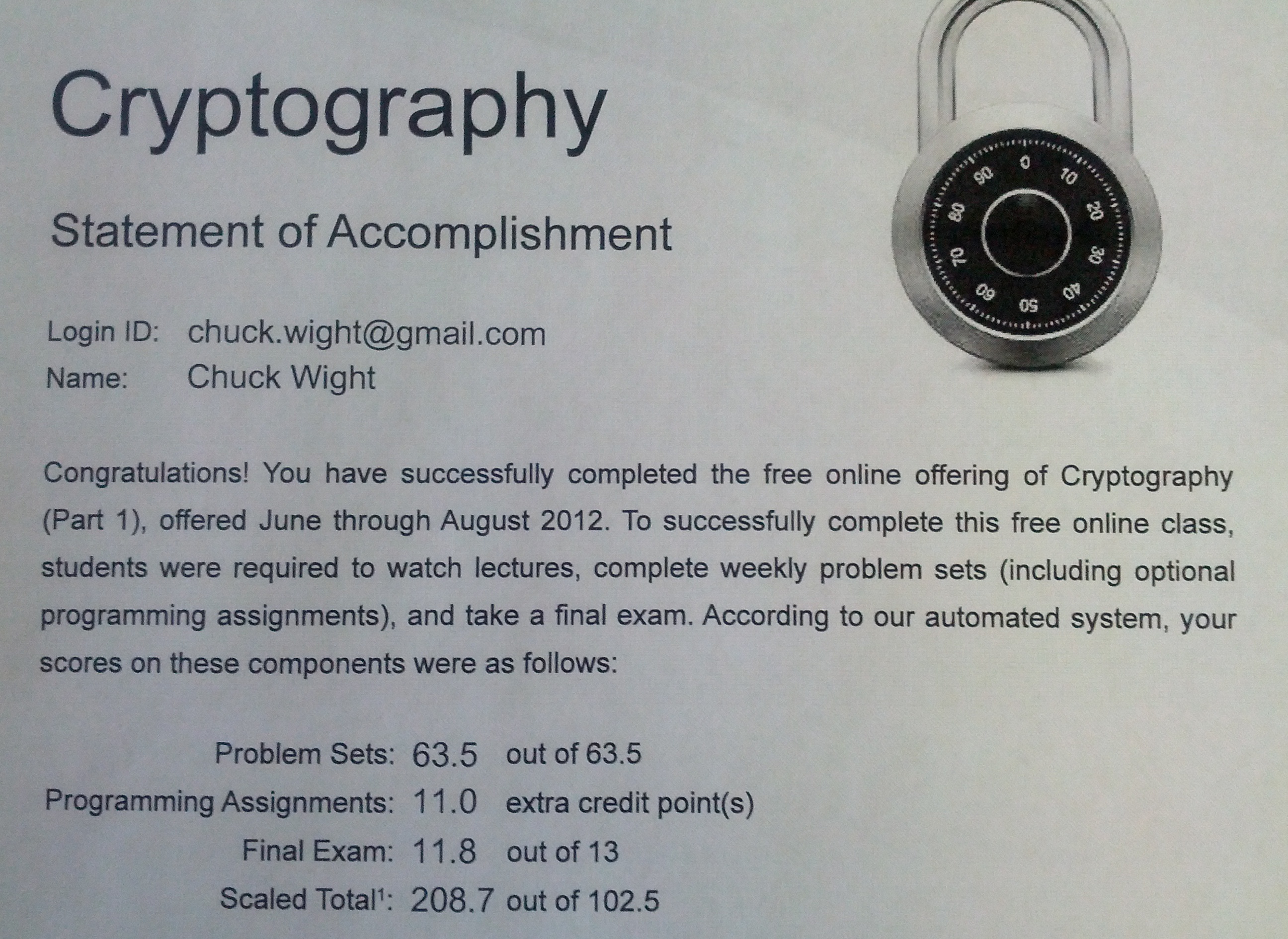 Photo of part of the "Statement of Accomplishment" for Chuck Wight's completion of the Cryptography course.