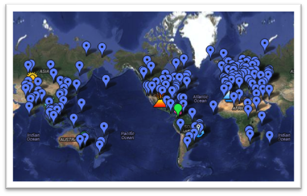 Map of the location of students. There are many dots indicating the wide disribution of enrolles from throughout the world.