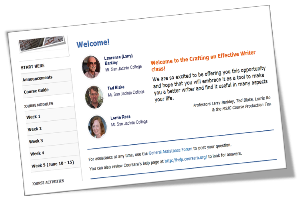 Screen shot of the MOOC welcome page with photos of the faculty, navigation, and a welcome message.