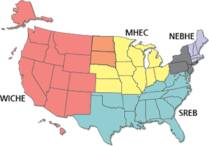 States belonging to each compact.  ND and SD belong to both MHEC and WICHE. NJ, NY, and PA can join a compact for SARA purposes.
