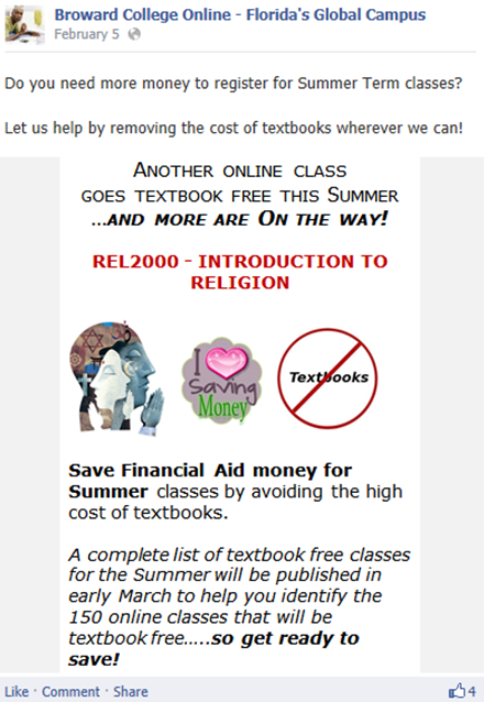 Figure 3: Broward College Online Facebook advertising for no-textbook/material cost classes.