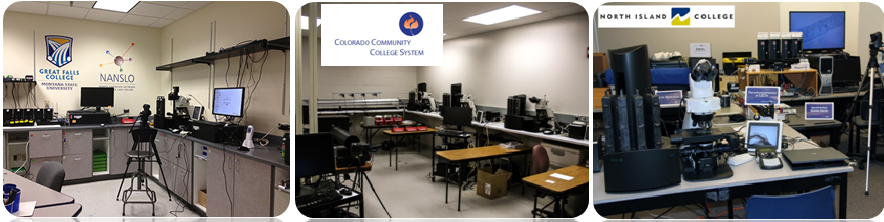 Three photos of different lab locations and the equipment at each location.