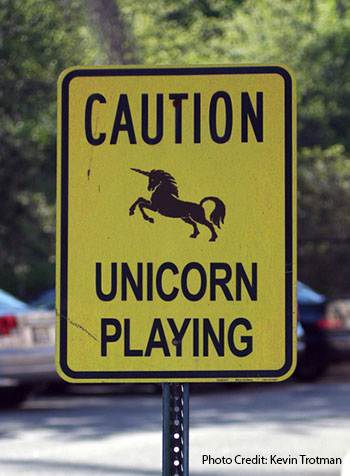 A picture of a sign the depicts a unicorn and the words "Caution, unicorn playing"