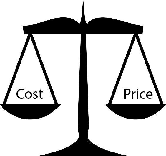 balanced scales of justice with Cost and Price in the scales