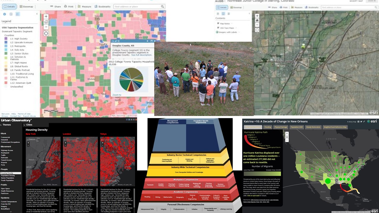 Montage of several maps and students in a field.