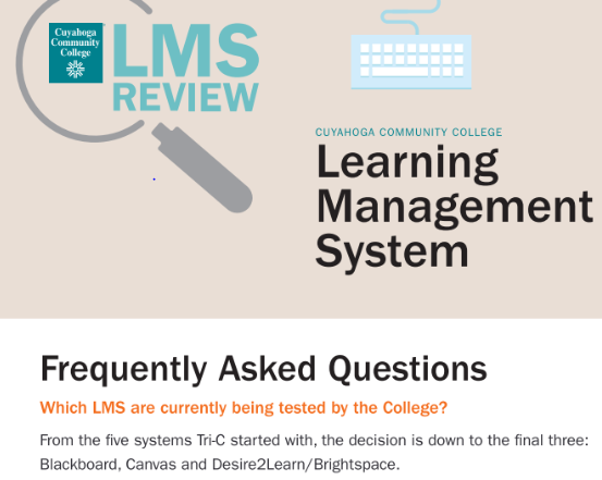 Part of the cover of a brochure used to inform faculty and staff on the LMS Review process. It gives a status that the College was down to the final three: Blackboard, Canvas, and Desire2Learn