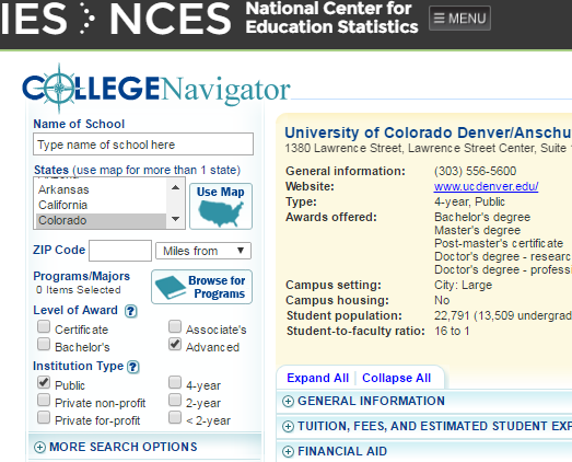Snapshot of the College Navigator produced by the Department of Education. Shown is part of the search tool and results for the University of Colorado Denver.