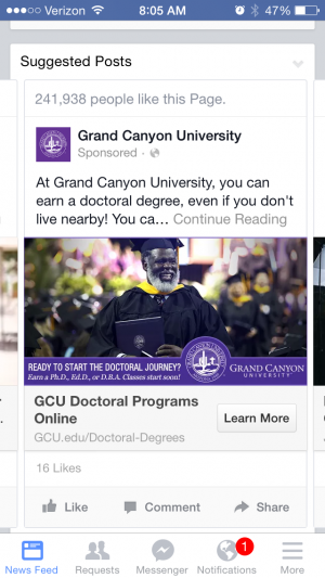 FB ad for grand canyon university featuring graduate