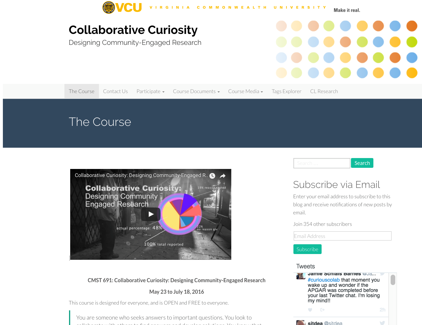 Course Homepage with course description, link to the course video trailer, and twitter feed.
