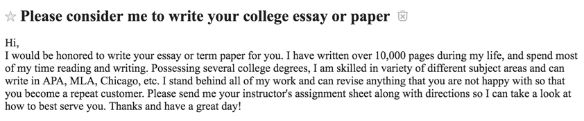 Clip of an ad headlined "Please consider me to write your college essay or paper."