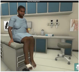 Graphic image of a young male in a hospital gown sitting in a doctor's office with one shoe on. There is an empty doctor stool and medial images on the wall.