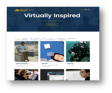 Screenshot of virtually inspired page on the Drexel University website. Shows large banner at the top of the page with words "virtually inspired."