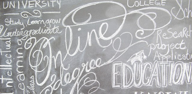 chalk board with words in chalk including online, degree, education, course, academics
