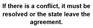 Text box reading: "If there is a conflict, it must be resolved or the state leave the agreement."