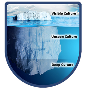 badge showing an iceberg with the words "visable culture" at the top of the iceberg, "unseen culture" under water, with a larger portion of the iceberg, and "deep culture" far under water.