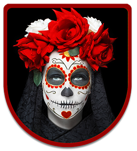 A badge showing an individual wearing traditional day of the dead garb such as flowers and the sugar skull mask