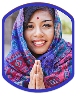 badge showing a women wearing a headscarf or hijab and a bindi with her palms together, smiling toward camera.