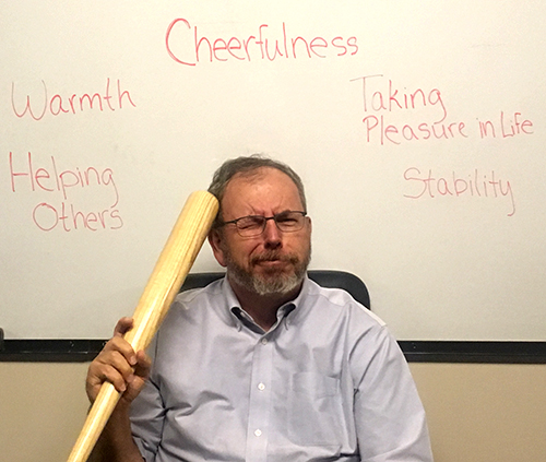 Five traits that Russ does not seem to have in abundance: cheerfulness, warmth, pleasure in life, helpfulness, and stability.