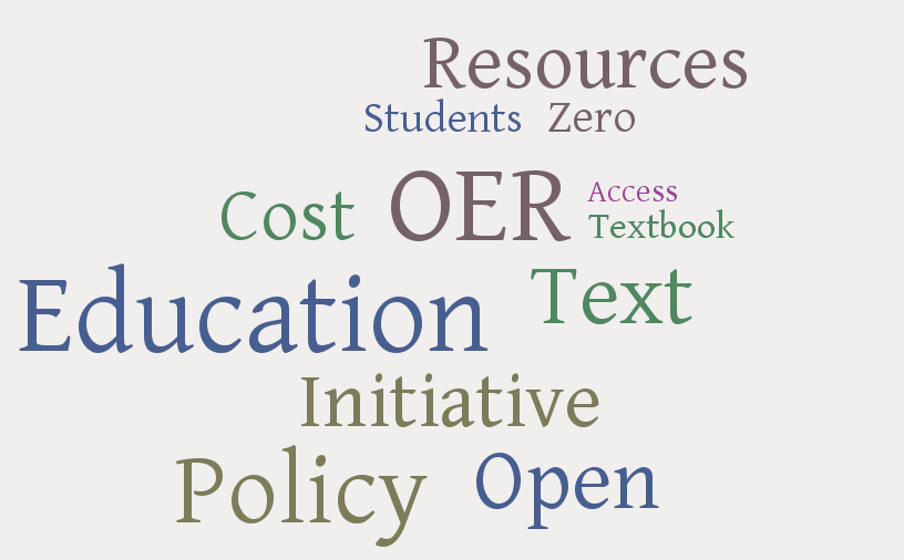 Word jumble including these words "resources, students, zero, cost OER, access, textbook, education, text, initiative, policy, open"