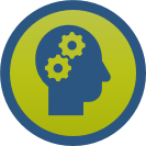 an example of a digital badge (green circle with a head icon, gears inside of the head to showcase thinking skills)