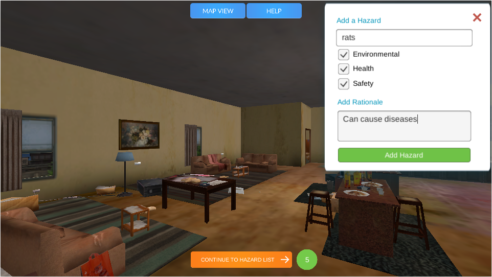 Screen shot of a virtual living room in a home, with a ouch, lights, pohtos, rug, etc.