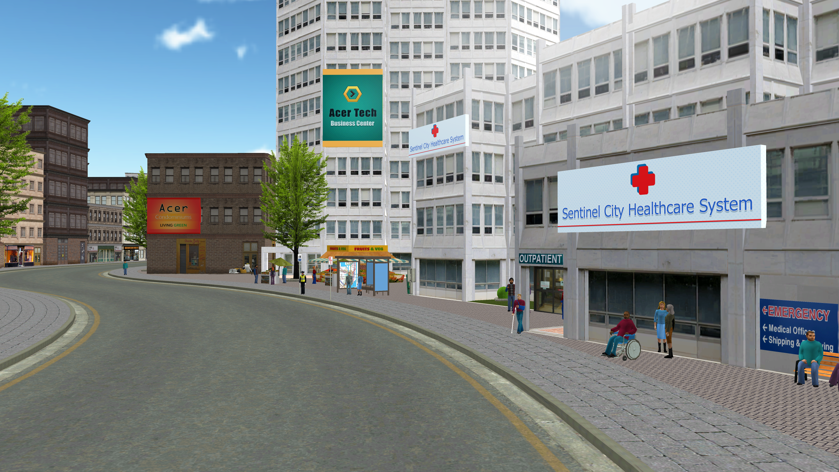 a screenshot from inside the sentinel city platform, showing a virtual healthcare building