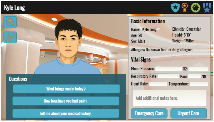 Scree shot of a virtual digital assesment, showing a virtual avatar (virtual patient), with questions 