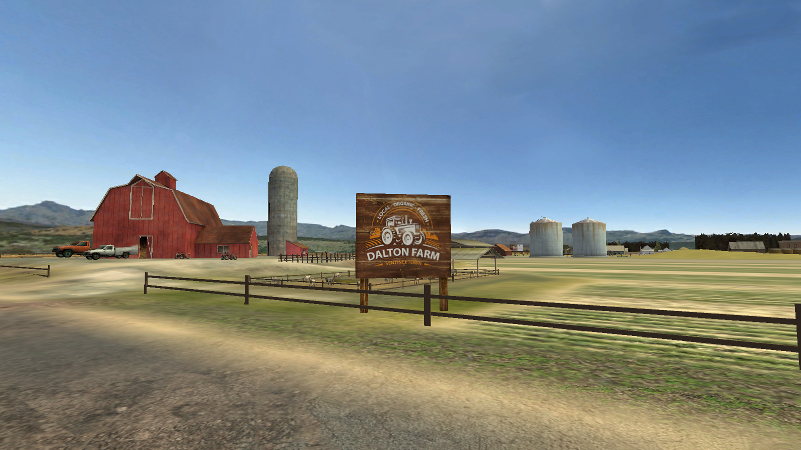 A screen shot of Sentinel Town, showing a wooden sign reading 