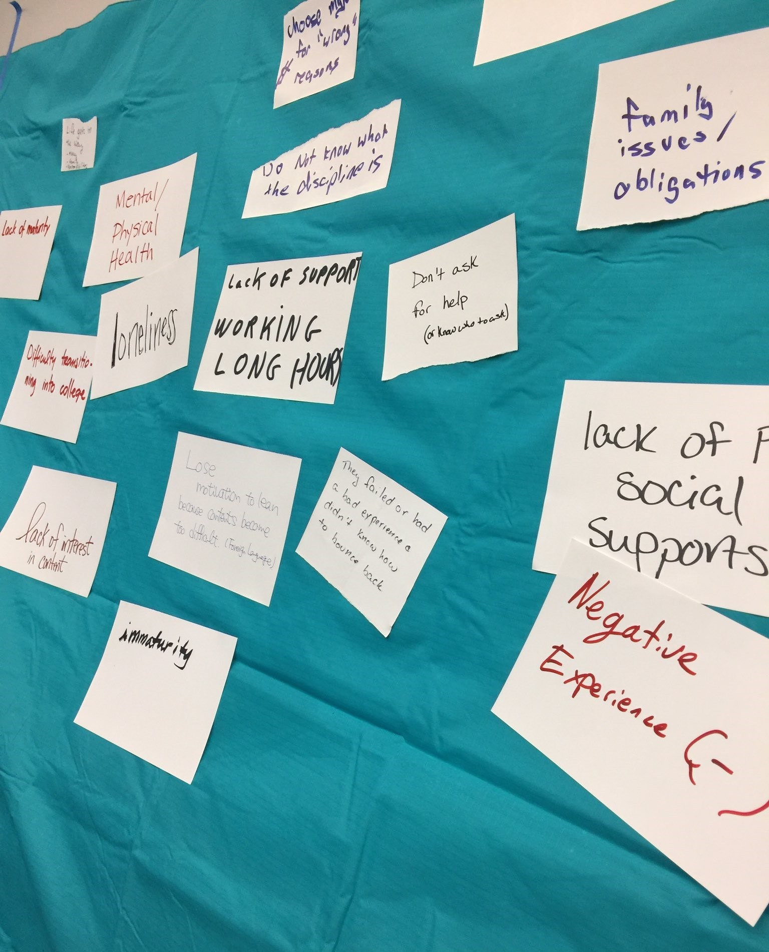board with stick notes listing reasons students don't persist, such as family issues, lack of social support, negative experiences, lack of support, working long hours, don't ask for help