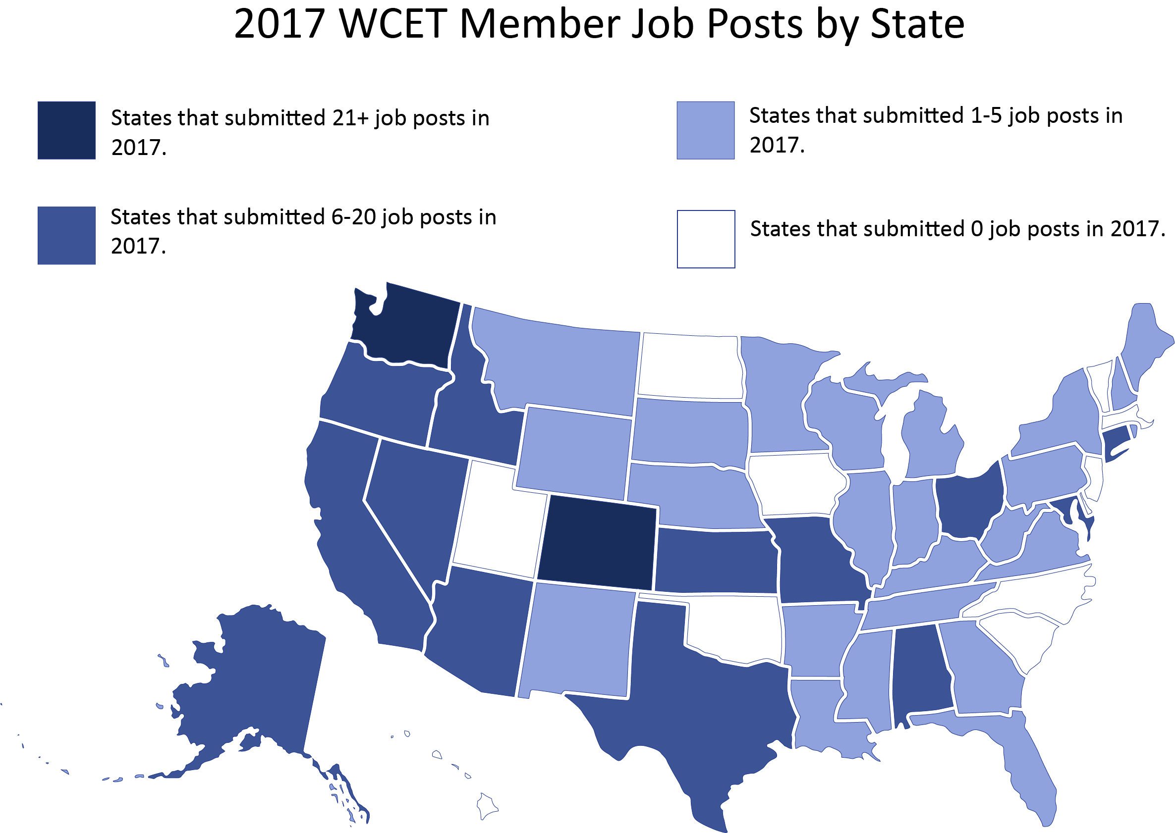 Map of the US. Each state is highlighted as submitting different numbers of job posts in 2017. Most states submitted 1-5, following by states submitting 6-20, then 0 job posts, and 21+ posts.