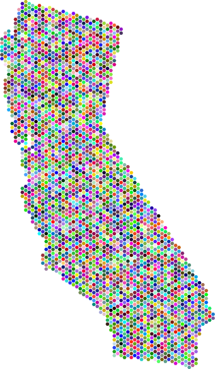 outline of state of california in colorful dots