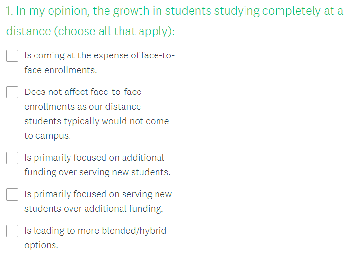 first question in survey "In my opinion, the growth in students studying completely at a distance..."
