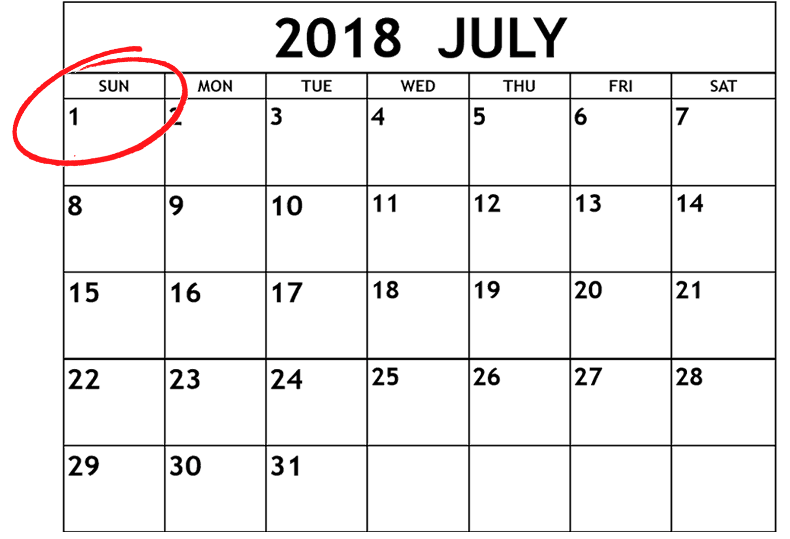 2018 calendar showing July 2018 with the 1st circled