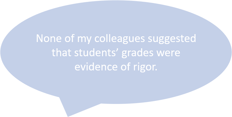 text box reads: None of my colleagues suggested that students’ grades were evidence of rigor.