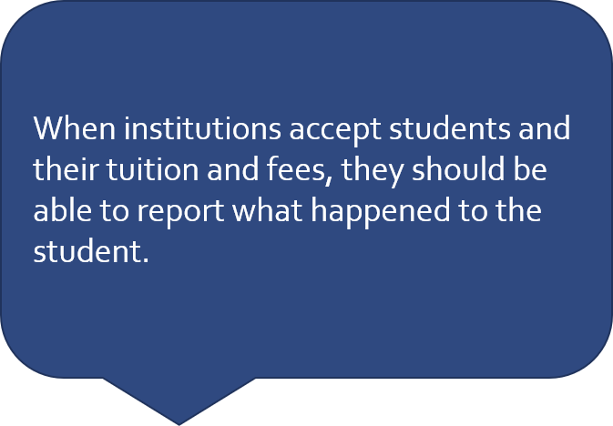 When institutions accept students and their tuition and fees, they should be able to report what happened to the student.
