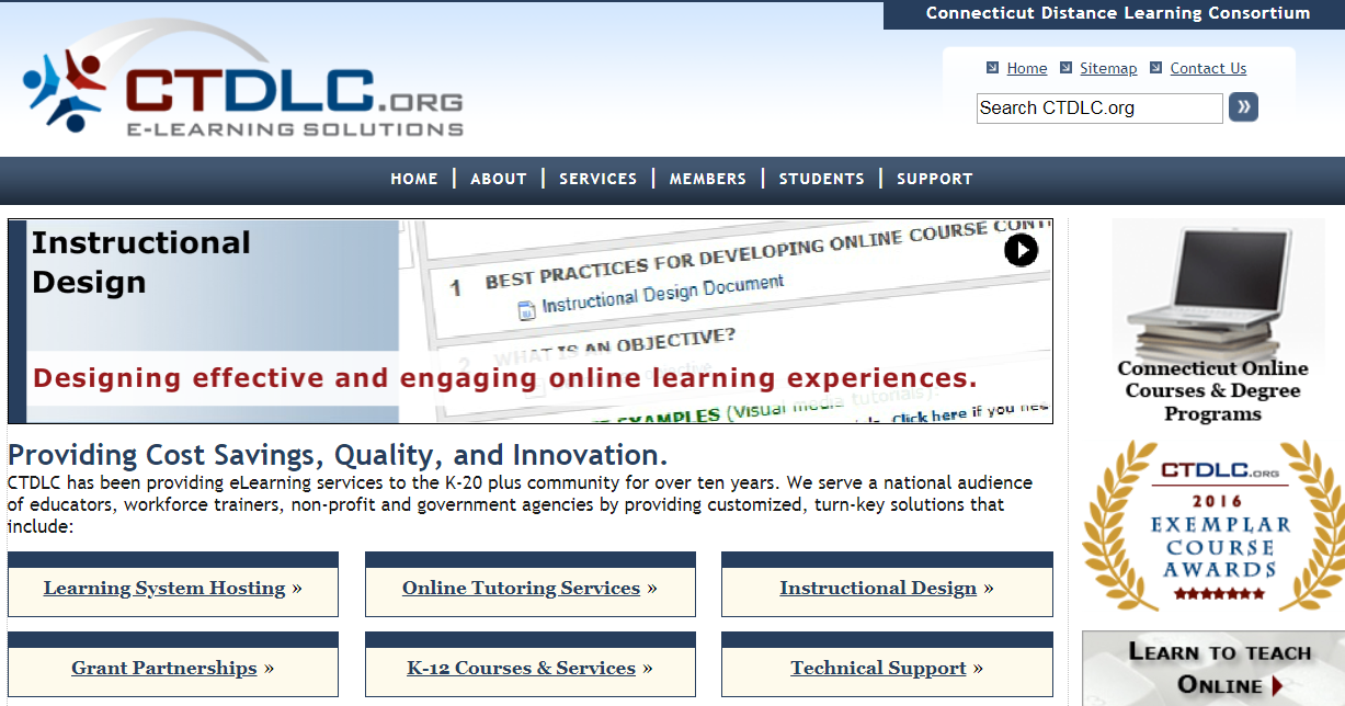 Screen shot of CTDLC.org webpage. Shows menu items (home, about, services, members, students, support), and various services such as Learning system hosting, online tutoring services, instructional design support, grant partnerships, k-12 courses and services, technical support.