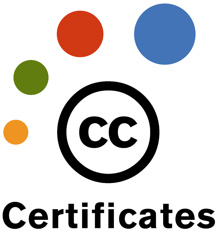 Logo for Creative Commons Certificates. Four colored circles in an arc around the CC logo (a black circle with the letters CC). Underneath the entire logo it says "certificates"