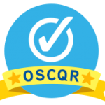the OSCQR logo: A large blue cirlce holds a white checkmark. A ribbon near the bottom of the logo has a star, the letters OSCQR, followed by another star.