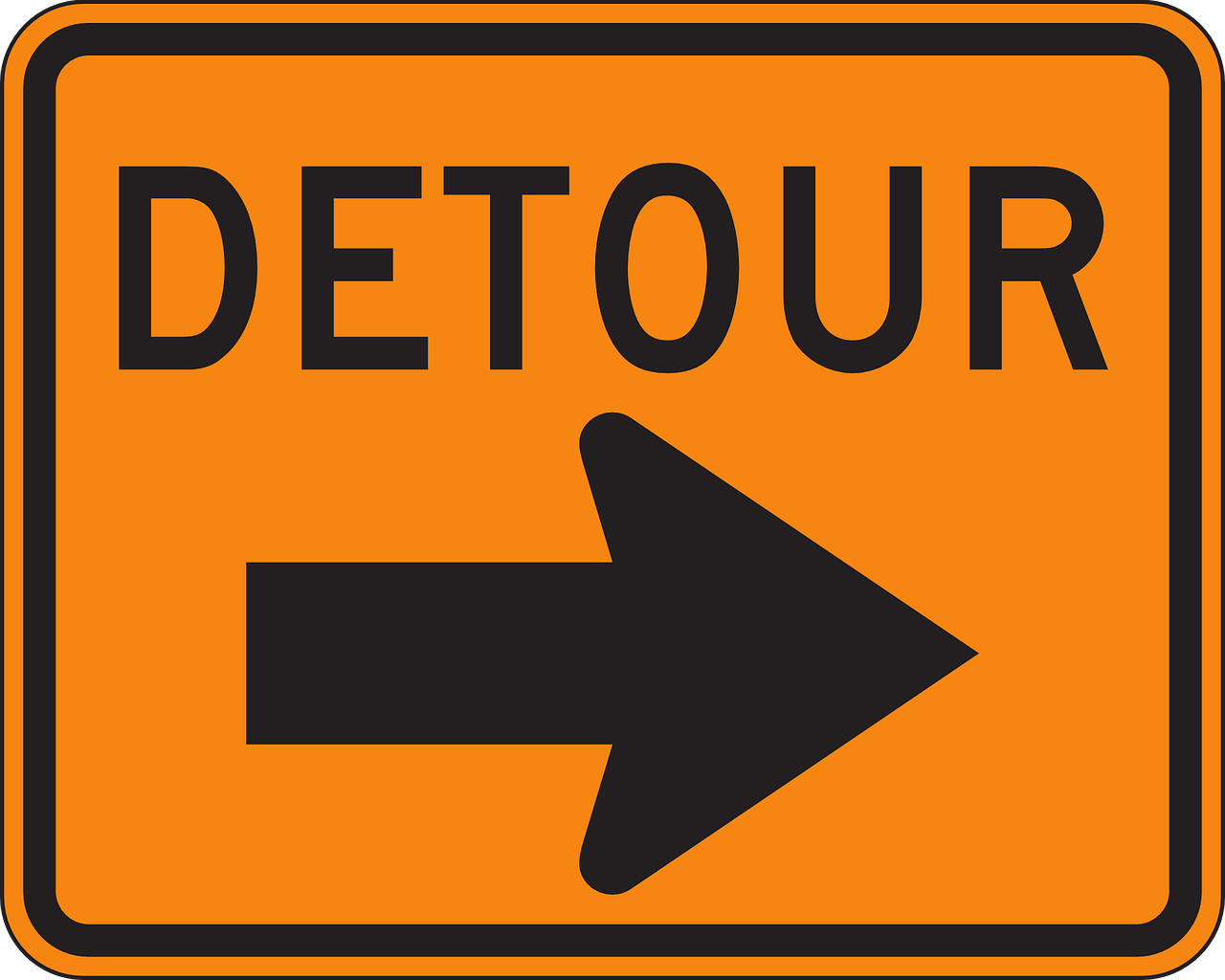 construction sign reading "detour" with a black arrow pointing to the right side of the sign.