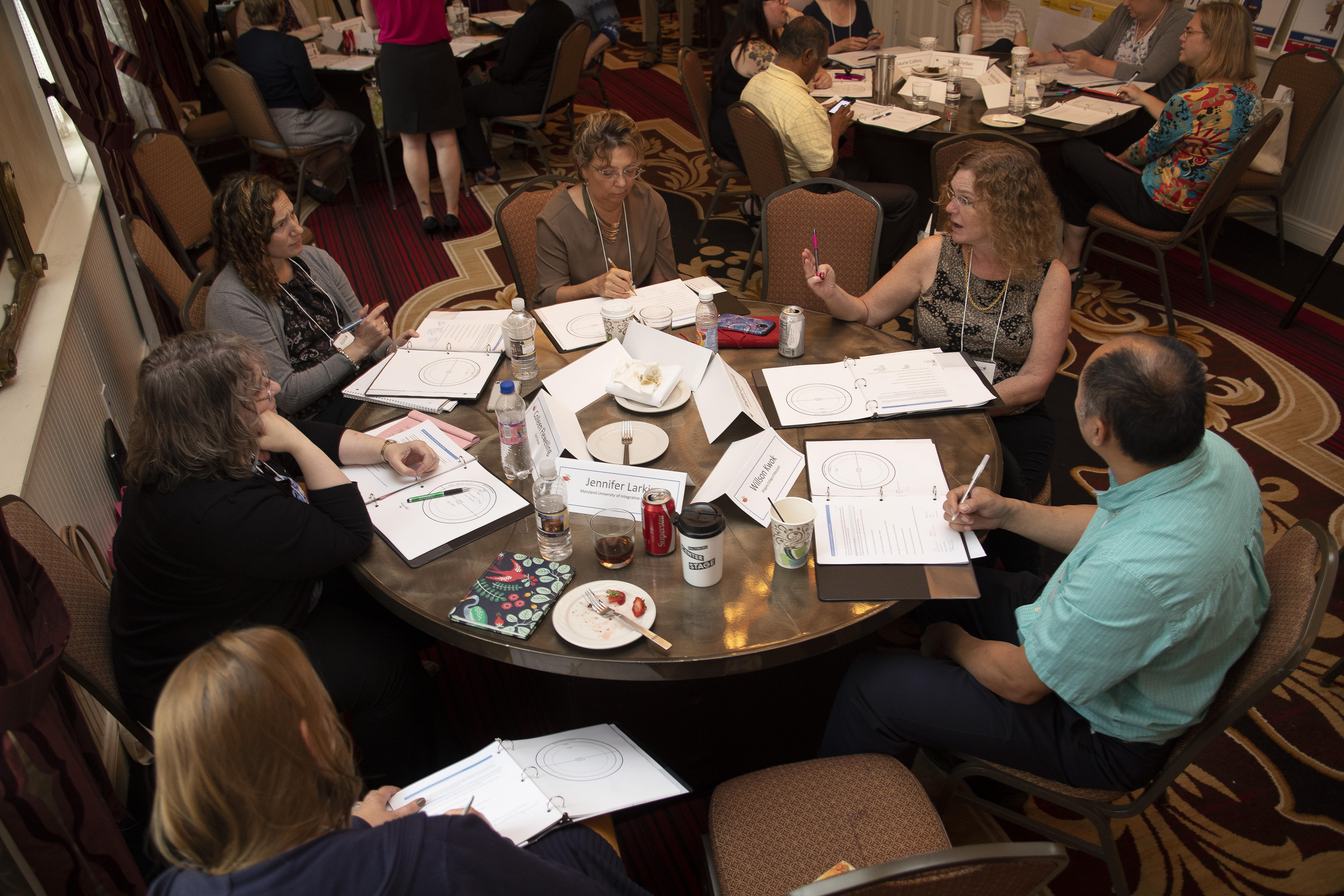 Several 2018 institute participants discuss topics around a circular table. 