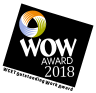 2018 WOW award logo. The WCET logo inside of a black box. Below the wcet logo, text reads "WOW award 2018." Underneath the black box reads "WCET Oustanding Work Award"