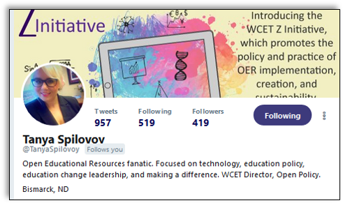 Tanya Spilovoy twitter profile and intro: Open Educational Resources fanatic. Focused on technology, education policy, education change leadership, and making a difference. WCET Director, Open Policy.
