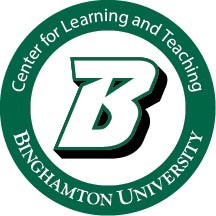 logo for Binghamton University. A green circle around a large "B" the circle reads "center for learning and teaching, Binghamton University