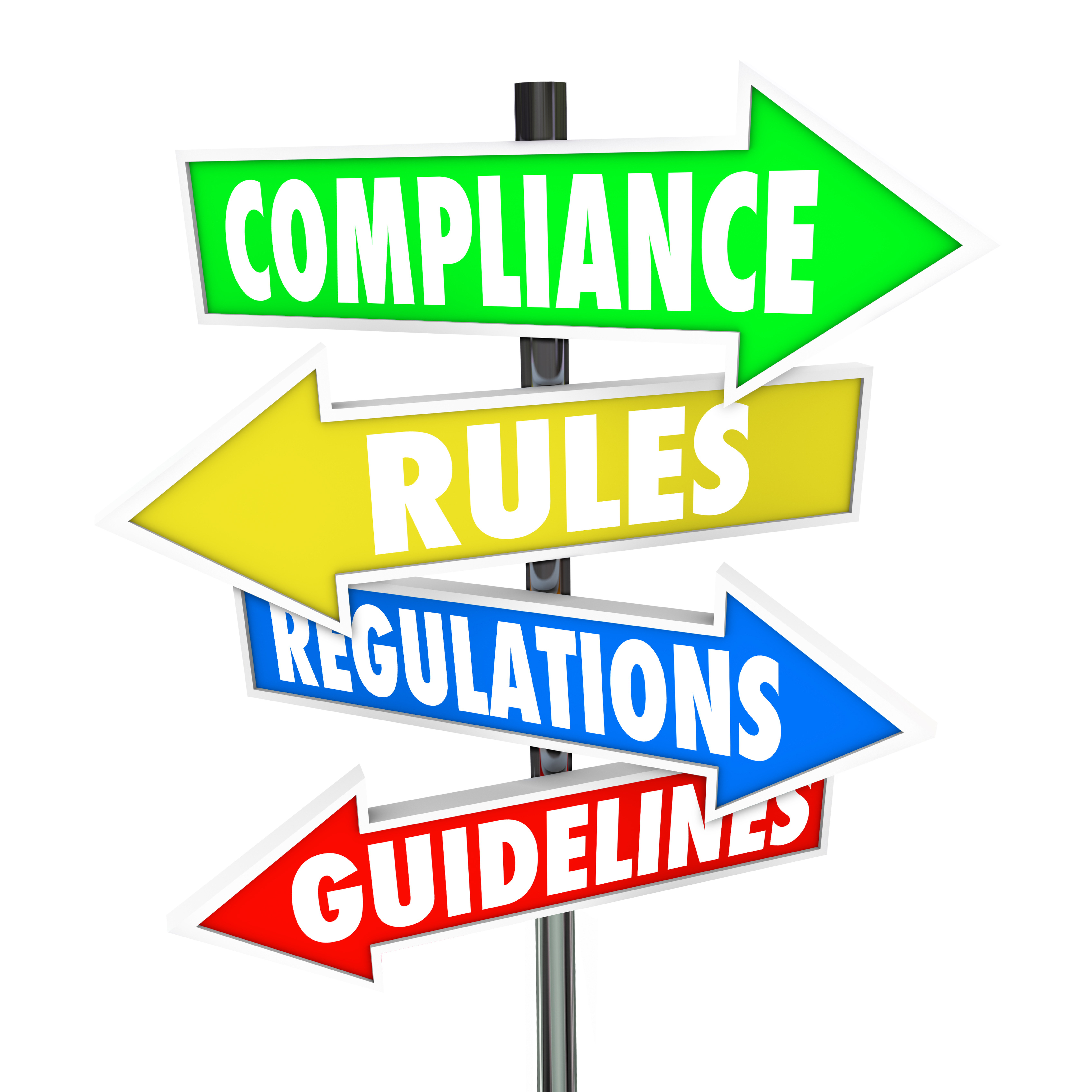 Street sign with arrows pointing multiple directions. The arrow read "Compliance," "Rules," "Regulations," "Guidelines"