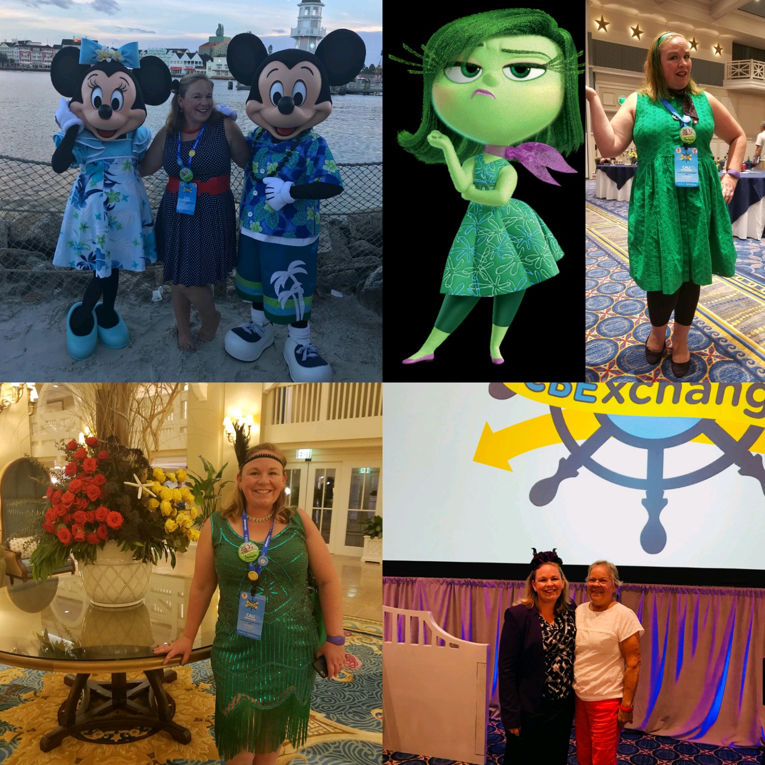 Four pohtos of Cali dressed up as disney characters in a collage. 1. With Minnie and Mickey in a minnie inspired, polka dot outfit, 2. with a disney character in all green, Tiana from Princess and the Frog, and posing with her mother in front of a large conference room.