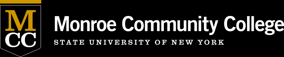 Monroe Community College logo. MCC letters in gold and white, the name of the school, and "state university of new york"